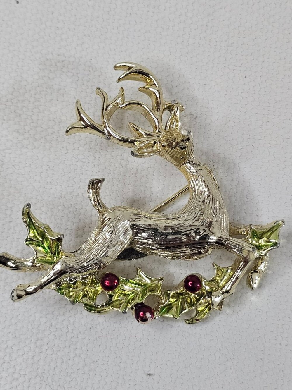 Gerry's Reindeer Brooch Gold Tone Red Green Holly Christmas Jewelry Pin